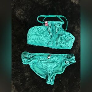Adore Me High Neck Crochet Bikini Set L Teal Green Swim NWT Sexy Trendy Beach